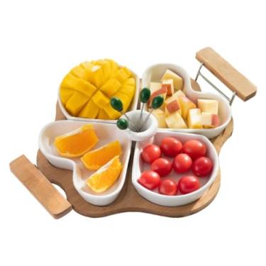 Imagem de fruteira cesta Conjunto de bandeja de frutas de madeira, formato de coração, cerâmica, prato de grade, sala de estar, cesta de frutas para frutas, doces, sobremesas bancada