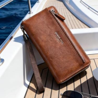 Imagem de Carteira masculina, bolsa de mão longa de couro macio com zíper único e compartimento externo para cartão, prático organizador de mão com bloqueio RFID (marrom claro)