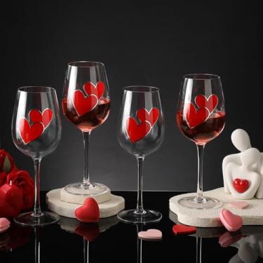 Imagem de SiliFine 4 peças de taças de vinho com tema de corações vermelhos para o dia dos namorados, taças de vinho pintadas à mão, coração vermelho, copos de vinho, presentes para aniversário e festas de fim