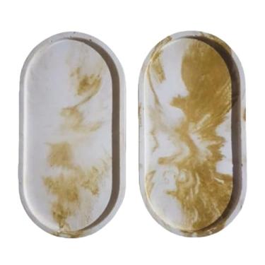 Imagem de Bandeja Decorativa Oval Multiuso | Marmorizado | Kit |Granilite | Porta Jóias | Acessórios | Porta Velas 17.5 cm x 9 cm para Casa Sala Quarto e Ambientes de Decoração Elegante(Kit 2 Mármore gold)