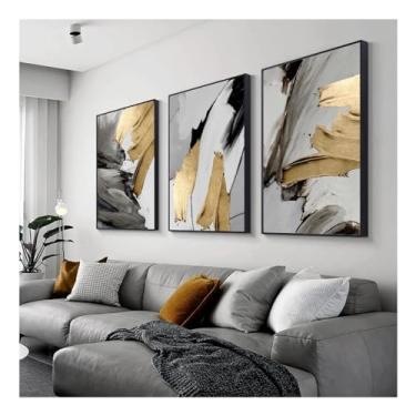 Imagem de 3 peças de luxo abstrata cinza dourado pintura arte de parede impressões em tela imagens para loft apartamento sala de estar escritório em casa - (30 x 50 cm x 3) 12 x 20 polegadas sem moldura