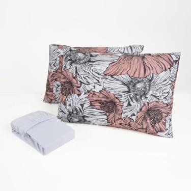 Imagem de Jogo de Cama Queen 3 Peças Malha 100% Algodão Lençol com Elástico Fronhas Estampadas Toque Macio(Sofisticado branco)