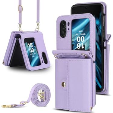 Imagem de Capa carteira flip Oppo Find N2, porta-cartões com bloqueio RFID e alça destacável, couro durável e TPU, 4 compartimentos para cartão, proteção contra quedas, capa flip com suporte para uso diário