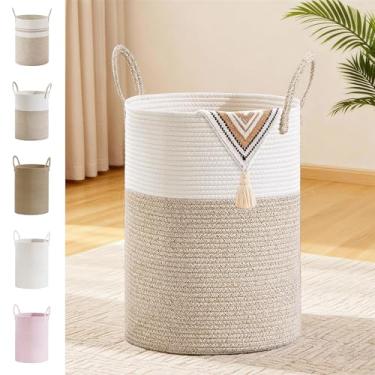 Imagem de SunNewt Cesta de corda de algodão marrom, cesta de armazenamento de 58 L para cobertores, brinquedos, roupas, cesto de roupa grande de vime infantil, cesto de roupa suja alto com alças, decoração de