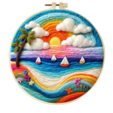 Imagem de CaptainCrafts Kit de feltragem de agulha, suprimentos de feltro de lã, aros de bordado, ferramentas de pintura de lã, kit iniciante de feltragem de agulha para decoração DIY (pôr do sol, nuvens