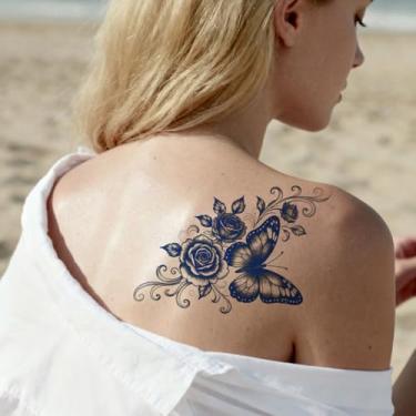 Imagem de Suco de ervas semipermanente rosa preta borboleta minimalista tatuagem durável 7-14 dias sem derramamento não reflexivo costas pescoço perna corpo tatuagem adesivos 1 peça