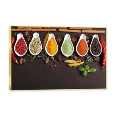 Imagem de NHLDZYH Moldura dourada. Arte de parede em tela de especiarias coloridas e colher de tempero | Decoração de cozinha vintage | Arte moderna para casa e sala de jantar. C70. 40 x 60 cm - 15,8 x 23,7 pol