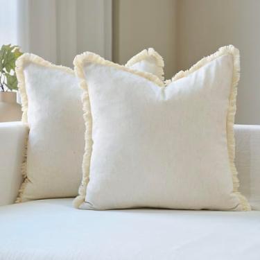Imagem de Amor Virisso Conjunto de 2 capas de almofada com franjas 50 x 50 cm com 2 fronhas decorativas Boho Neutral Farmhouse com borlas para sofá cama, branco creme