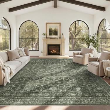 Imagem de DUIDY Tapetes laváveis de 25,5 x 35,5 cm para sala de estar, verde vintage, boho grande, para quarto, sala de jantar, escritório, tapete floral envelhecido, macio, antiderrapante, camada baixa, casa