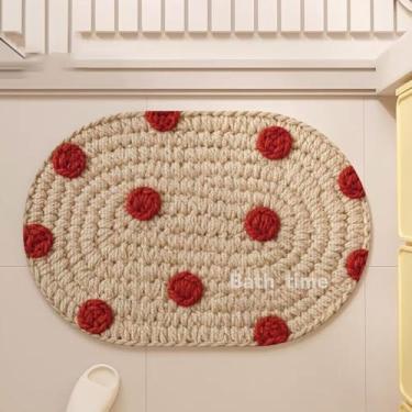 Imagem de CDHZYQ Tapetes de banheiro de bolinhas vermelho imitação de linho tapete de banho oval tapetes decorativos para banheiro tapete de chuveiro (vermelho, 40,6 x 61 cm)