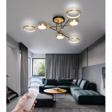 Imagem de Luminária de teto LED moderna, regulável, preta e dourada, com controle remoto, estilo lustre circular, iluminação interna sem cintilação para sala de estar, quarto e sala de jantar (dourada