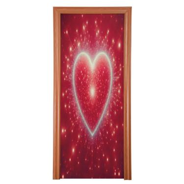 Imagem de ATTX Capa de porta da frente coração vermelho dos namorados - decoração de férias de tecido elástico lavável para festas, casa, decoração de porta da frente, 36 x 98 polegadas (303)