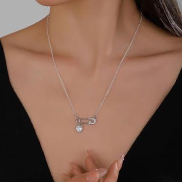 Imagem de Colar de alfinete de segurança para mulheres, colar de coração de cristal de zircão cúbico corrente de clipe de papel ajustável joia de saúde mental