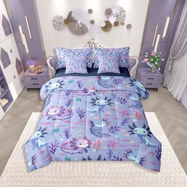 Imagem de Erosebridal Jogo de cama com estampa de axolotl fofo, solteiro, roxo, salamandra, oceano, salamandra, 7 peças, lençol com elástico e lençol de cima