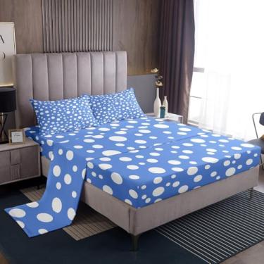Imagem de Manfei Jogo de lençol infantil com bolinhas brancas, estilo francês, estampa de bolinhas fofas, azul e branco, círculos geométricos simples, com bolso profundo, lençol de cima, tamanho solteiro