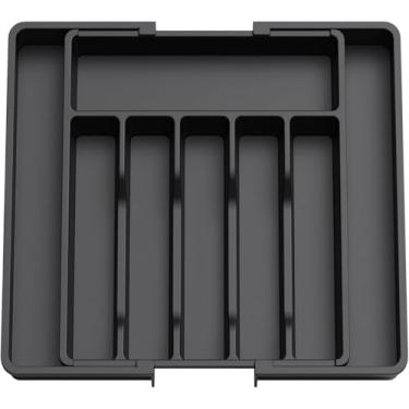 Imagem de Porta Talheres Organizador Gaveta Ajustável com 8 Divisórias Preto Bandeja Grande Divisor Versátil para Cozinha Ideal Talher Utensílios Facas Suporte Separador