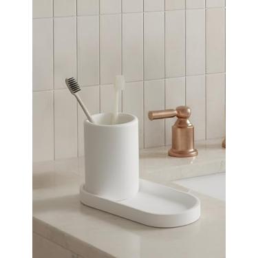 Imagem de Nature Conjunto de suporte de escova de dentes de banheiro de diatomita com bandeja, pedra de secagem branca absorvente de água para escova de dentes elétrica e suporte de pasta de dente, feito à mão