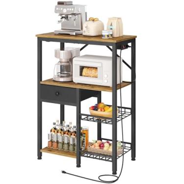 Imagem de YATINEY Rack de padeiro com tomada, suporte de micro-ondas com armazenamento, cafeteria com tecido não tecido e cesta, rack de armazenamento de cozinha de 4 níveis para espaço pequeno, sala de jantar