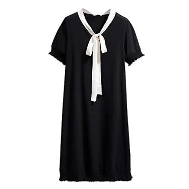 Imagem de 3FLQOOPP Vestido feminino plus size 10GG 150KG preto gola redonda manga curta vestidos grandes (preto 4X)