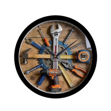 Imagem de Bothyi Relógio de parede decorativo para garagem, relógio redondo silencioso, ornamento de parede estético para sala de jogos, cozinha, escritório ou sala de, Cor de Madeira