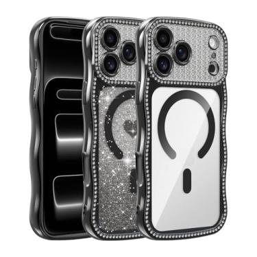 Imagem de UCASONG Capa magnética transparente para iPhone 17 Pro de 6,3 polegadas com cartão de glitter gradiente de coração de amor, linda moldura ondulada encaracolada com strass brilhante, compatível com