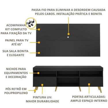 Imagem de Rack Retrô Com Painel E Suporte Para Tv Até 65´´ Flórida Fg3134 Preto/natural