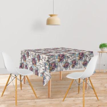 Imagem de Toalha De Mesa Quadrada Tecido Oxford Rosas e Borboletas Aquarela TL59