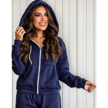 Imagem de Blusa de frio feminina basica moletom com ziper e capuz lisa sem estampa-Feminino