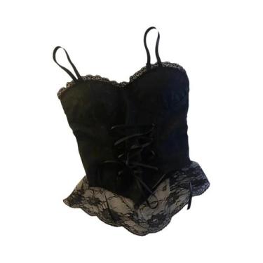 Imagem de Camiseta Cropped Feminina Sexy De Renda Com Alças Finas E Estilo Corse