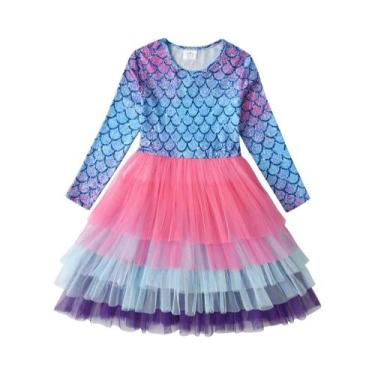 Imagem de Vestido De Manga Comprida Com Estampa De Sereia Para Meninas, Vestido 
