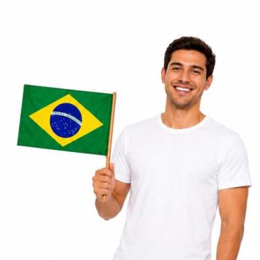 Imagem de Bandeira de Mão do Brasil e Cabo Flâmula Haste Torcida Copa do Mundo J