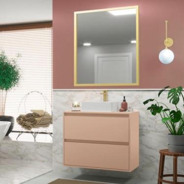 Imagem de Gabinete Para Banheiro Com Cuba E Espelheira 80cm Mdf Rosa E Alumínio