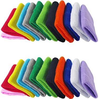 Imagem de NSBELL 24 pçs pulseiras esportivas coloridas de algodão e faixa de transpiração de pulso bandanas de suor de pulso para homens e mulheres, bom para tênis, basquete, corrida, academia, malhar (12 pares)