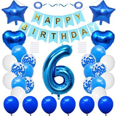 Imagem de Huture 6 suprimentos de festa de aniversário azul número 6 balão de folha feliz aniversário kit de faixa de aniversário decoração de 6º aniversário branco azul látex confete balão folha estrela balão ótimo presente para meninas meninos aniversário