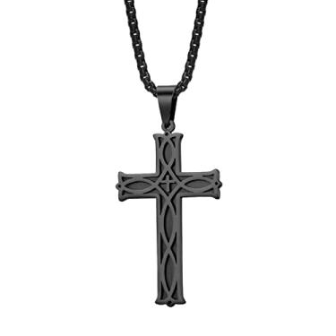 Imagem de LHDUF Colar de cruz de Cristo nó irlandês pingente de aço de titânio fé religioso minimalista joia batismo comprimento da corrente de oração 61 cm, Metal, Sem Pedra Preciosa