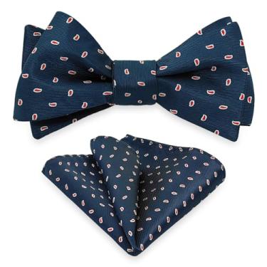 Imagem de Houndstooth Gravata borboleta com bolso quadrado, gravata borboleta masculina com lenço para smoking formal ou festa de casamento M-S-SB2, Azul-marinho com ponto vermelho, tamanho �nico