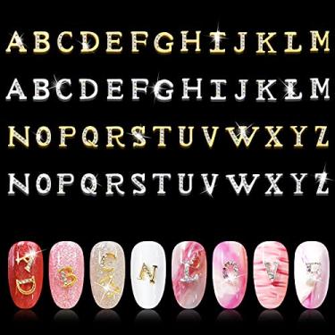 Imagem de 52 peças de letras de rinetone brincos de unha, Kalolary ouro prata 3D maiúscula rinetone letra de unha alfabeto inglês berloque DIY unhas de manicure fabricação de joias artesanato decoração para