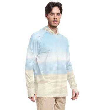 Imagem de Camisas de sol masculinas de proteção de manga comprida com capuz FPS 50+ Rash Guard Roupas com capuz camisetas com capuz areia céu mar, Céu marítimo de areia, XX-Large