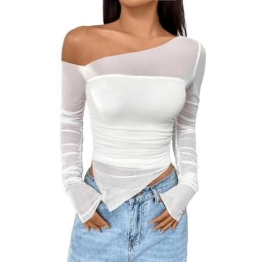 Imagem de MakeMeChic Camiseta feminina de manga comprida com um ombro de fora e gola assimétrica, malha transparente, Branco, P