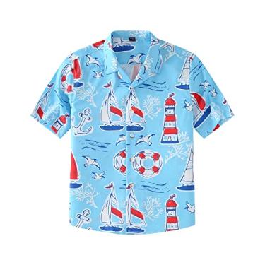 Imagem de siliteelon Camisas havaianas para meninos manga curta algodão verão praia botão casual Aloha Luau camisas para crianças, Tcs30, 12-13 Anos