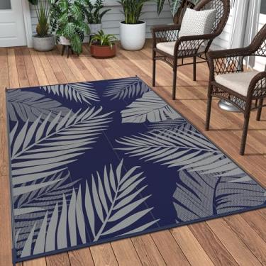 Imagem de Tapete GENIMO 0,9 x 1,5 m para área externa, reversível, grande, palha de plástico, impermeável, para trailer, acampamento, pátio, varanda, caravana, deck, praia e piquenique, azul-marinho e cinza