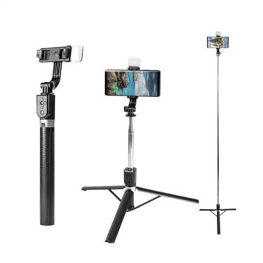 Imagem de Genérico Bastão Selfie com Tripé e Luz de LED para Celular, Ajustável 360º, Extensão Máxima de 168 cm, Controle Bluetooth, Preto