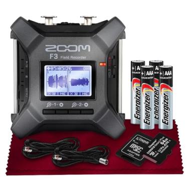 Imagem de Gravador de campo profissional Zoom F3, gravação flutuante de 32 bits, conversores A/D duplos, 2 entradas XLR/TRS com 64 GB MicroSD, 4 pilhas AA, 2 cabos XLR e pano de microfibra