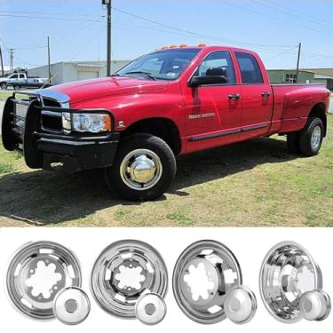 Imagem de Kucaruce 4 peças de simuladores de roda de aço inoxidável polido de 43.2 cm, 8 terminais dianteiros traseiros com tampa de roda de 5 orifícios de ventilação, adequado para Dodge Ram 3500 Truck 17R8