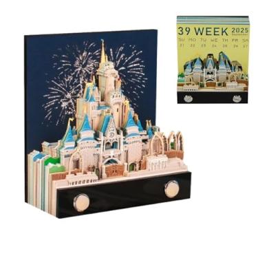 Imagem de Calendário 3D, calendário de mesa 3D com luzes de LED, calendário 3D criativo, arte esculpida em papel, bloco de notas faça você mesmo, presente para escola, escritório em casa (castelo - Cinderela)