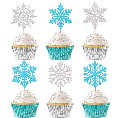 Imagem de 24 Pack Snowflake Cupcake Toppers Glitter Winter Snowflake Cupcake Picks Winter Frozen Cake Decorations Snowflake Christmas Baby Shower Kids Birthday Party Supplies Light Blue/Silver