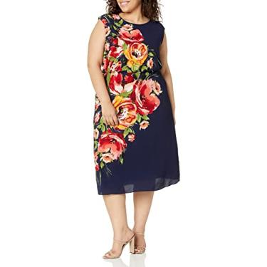 Imagem de London Times Vestido feminino com estampa floral e mangas cavadas, Azul-marinho/coral, 25 Plus Size