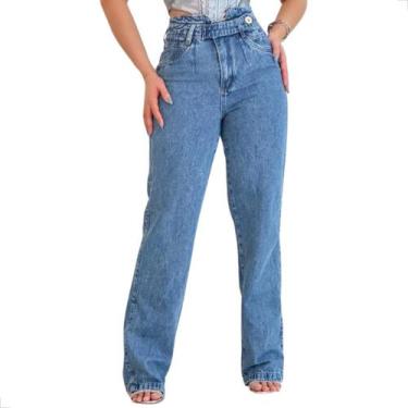 Imagem de Calça Wide Leg Jeans com Cinto e Bolso 100% Algodão Feminina - Love Fa