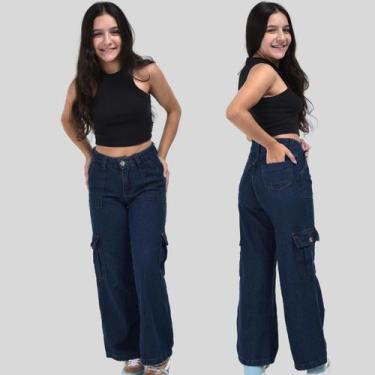 Imagem de Calça Jeans Cargo Feminina Juvenil Jeans - RJIMPORTS, Jeans escuro, 12