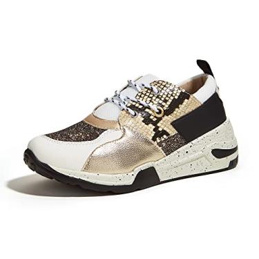 Imagem de LUCKY STEP Tênis feminino de salto alto, plataforma, estilo cliff, retrô, com cadarço, casual, Preto/branco/dourado, 38